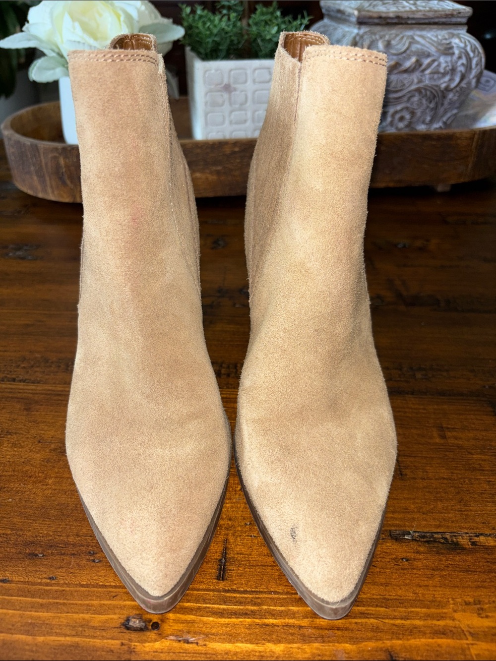 Marc Fisher Tan Suede Ankle Booties with Stacked Heel